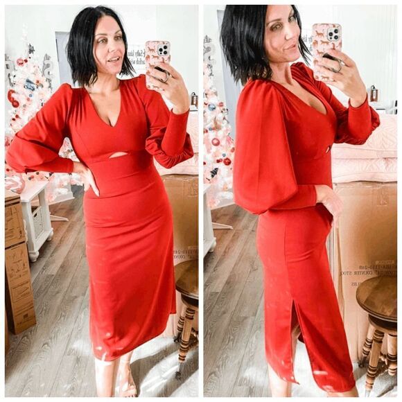 š Balloon SleeveĀ Keyhole SideāSlitāOrangeāFallāMidiāDressāSIZEāLāNWT - Picture 13 of 16